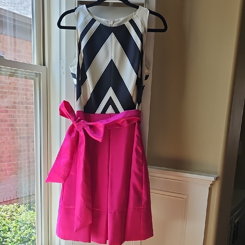 NWT Eliza J Hot Pink And Black with White Chevron Party Dress